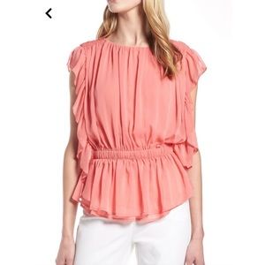 Halogen Nordstrom Ruffle Chiffon Blouse in Coral Rose Tea Size S Petite NWT